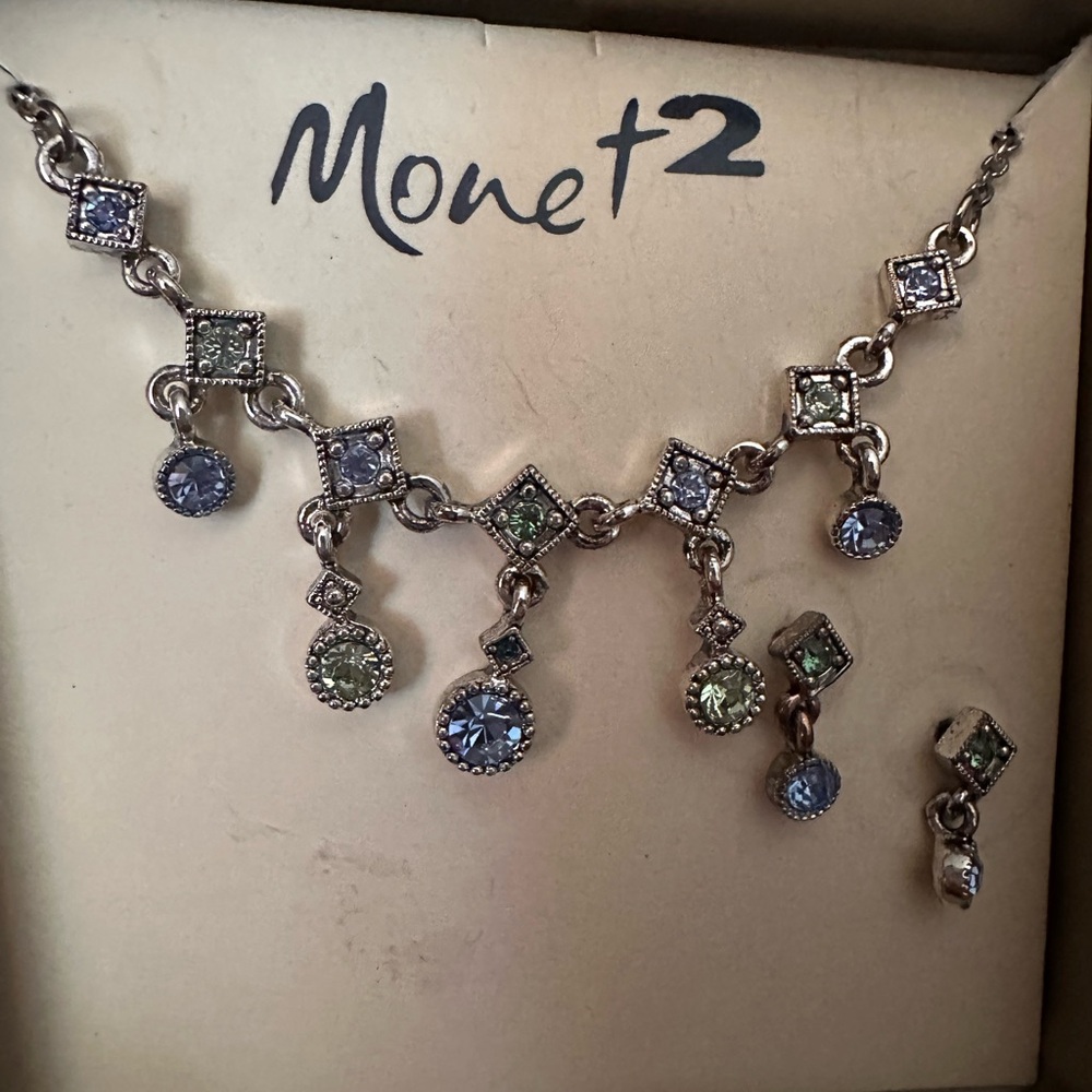 Monet Silver and Blue-Green Dangle Necklace
